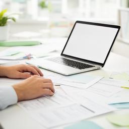 Ledevia Nowaya pripravuje podklady pri stole s papiermi a laptopom v svetlej kancelárii